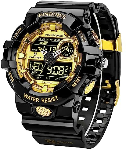 Orologio Uomo Orologio sportivo digitale Orologi d'oro Orologi impermeabili con Allarmi/Conto alla rovescia/Stopwatch/Digital-Analog/Light/Orologio da polso militare multifunzionale (Oro Nero)