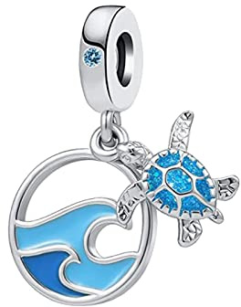 KunBead Jewelry Blue Tortoise Sea Turtles Wave Beach Dangle Charms Compatible with Pandora Bracelets for Women