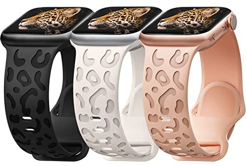 3 Pack Leopard Engraved Strap Compatible with Apple Watch Straps 38mm 40mm 41mm 42mm 44mm 45mm 46mm 49mm Women Girls, Soft Silicone Straps for iWatch Series Ultra SE 11 10 9 8 7 6 5 4 3 2 1