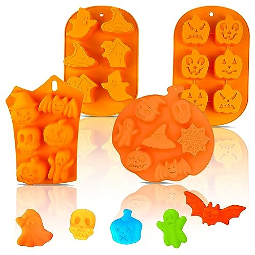 MARUKO 4er-Pack Halloween Silikonformen, Kürbis Totenkopf Hexe Formen für Kekse Kuchen, Wiederverwendbare Backutensilien für Haustierfutter Gefriergetrocknetes Selbermachen