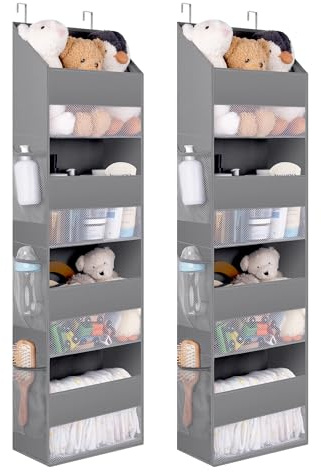 GRANNY SAYS 4-Shelf Over the Door Storage Organiser, Pack of 2 Back of Door Hanging Organiser, Bedroom Overdoor Shelf for Baby Clothes Toy Nappies, Grey Hanging Wardrobe Storage