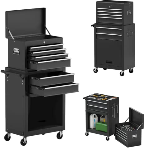 ERGOMASTER Rolling Tool Chest and Cabinet with 6-Drawers - Includes 4-Drawers Removable Top Box, 2-Drawer Capacity Tool Storage, Wheels and Locking System for Convenient and Safe Tool Storage-Black