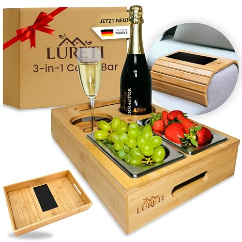 LURETI® Couchbar Snackbox 3-in-1 mit Geschenkbox und EXTRA Sofatablett - Snackspender mit 2 Snackschalen - Holz Snackbox für Sofa, Deko, Couch bar mit Handy und Getränkehalter - Bambus Snackbar
