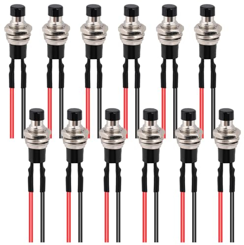 12 unidades de 7 mm precableado, mini botón pulsador momentáneo, 12 V, 3 A, 220 V, SPST 2 pines, presoldado, botón de presión redondo, botón plano, botón de presión rojo para modelismo hobby