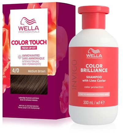Vorteils-Set für gefärbtes Haar: demi-permanente Haarfarbe ohne Ammoniak in 4/0 Medium Brown (130 ml) & Color Brilliance farbschützendes Shampoo für feines Haar mit niedrigem pH-Wert (300 ml)