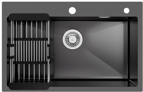 CECIPA Große Spülbecken Edelstahl Schwarz Grau, 70 x 45 cm Spüle Edelstahl Schwarz mit Abtropfkorb & Ablauf, XL Küchenspüle Anthrazit für Küchenschrank ab 70cm, Arbeitsplatte Spüle mit Siphon & Über