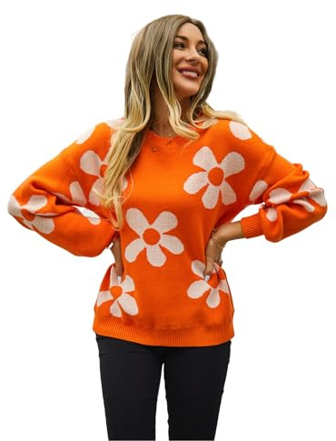 HEYPORK Damen Herbst Winter Warm Bequem Pullover Casual Mode Strickjacke Strickpullover Frauen Bedruckte Pullover Blume Pullover