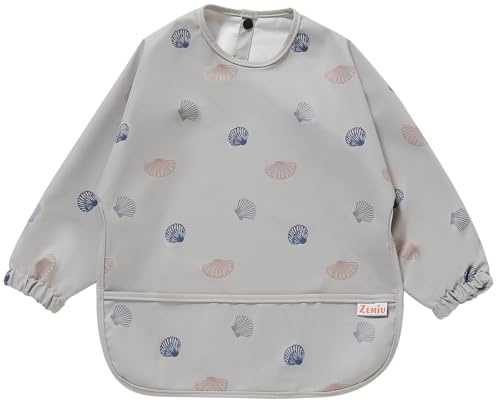Zemiu Lätzchen Baby mit Ärmeln, 100% Wasserdicht & Weiches PU-Material, Maschinenwaschbar, Langärmeliger Schutzanzug Für Säuglingsfütterung - Geeignet Für Babys Von 6 Bis 30 Monaten -Grau