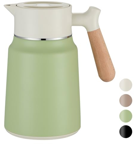 VETIN 1,5L Thermoskanne, Teekanne Thermo 304 Edelstahl Doppelwandige Vakuumisolierung, Isolierkanne mit Holzoptik Griff, Kaffeekanne Thermo 10h Hitze / 16h Kälte (Weiß+Grün)