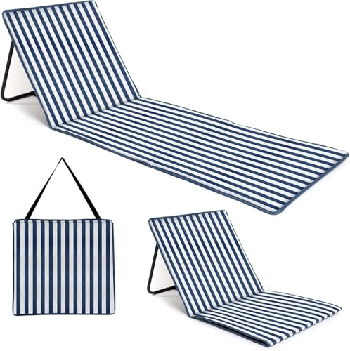 just be... Strandmatte mit Rückenlehne klappbar – leichte, gepolsterte Strandliege faltbar mit Reißverschlusstasche & Schultergurt – ideal für Camping & Strand | Blau gestreift