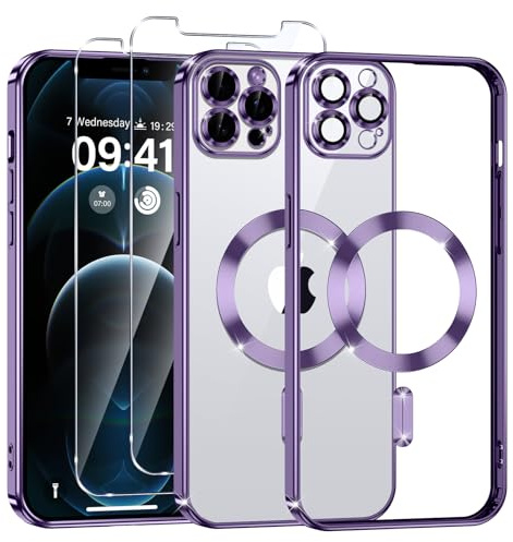 Phoona Coque Magnétique pour iPhone 12 Pro Max avec 2 Pièces Verre Trempé, Compatible avec MagSafe, Protection Militaire, Résistante aux Rayures, Résistante aux Chocs, Mince et Transparente, Violet