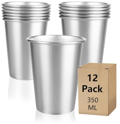MUXHEL 12er-Set Edelstahlbecher, 350ml Edelstahl Trinkbecher, 84 x 103MM Edelstahl becher kinder, Metallbecher, Schnapsgläser