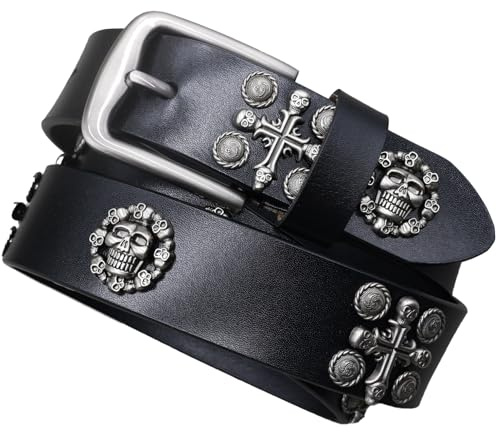 Surrycee Cintura da uomo e da donna in vera pelle con teschio e croce religiosa, punk rock, motociclista, gotico, casual, per jeans, pantaloni, abito, 3,8 cm di larghezza