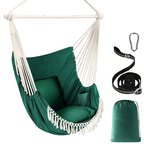 Chihee Hängfåtölj, hängande gunga, max 500 pund inklusive 2 kuddar, stålspridningsstång med metall, bärbar hängstol, sidoficka, stor Macrame, bohemisk stol, inomhus, utomhus