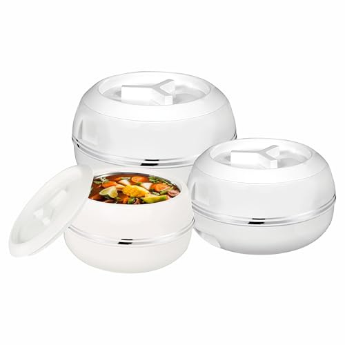 JMS we create smile (Set of 3) Insulated Casserole Set - Insulated Thermal Food Warmer Serving Soup/Salad Serving Bowl | BPA-Free & Leak-Proof For Home (White, 5500,7500,10000ML)