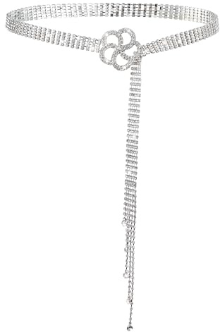 PANTIDE Bling Rhinestone Belt for Women, Sparkle Crystal Waist with Flower-shaped Buckle Adjustable Silver Diamond Chain with Teardrop Pendant for Fasshion Lady Dresses Wedding Bridal Gift