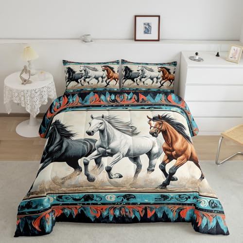 Feelyou Horse Bedding Set Twin Size Kids Bohemian Southwestern Native Aztec Comforter Cover for Boys Girls Teens Teal Beige Duvet Cover Breathable Soft Lightweight Microfiber Quilt Set