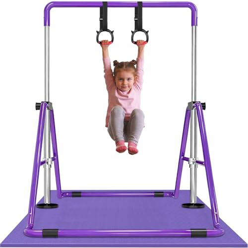 WATBKHE Barra de Gimnasia para niños, Ajustable y Plegable, Barra de Entrenamiento con Anillos, Barra Horizontal Resistente para niños y niñas (Violet)