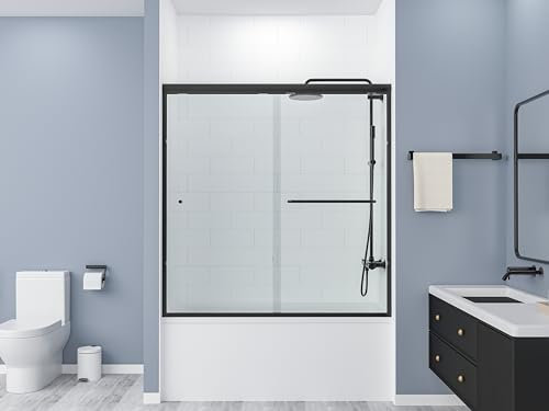 Glass Avenue CK 56– 60 W x 60 H with 1/4 Tempered Clear Glass Premium Semi-Frameless Double Sliding Bathtub Shower Doors | Leak-Resistant | Easy Install | Durable Aluminum Frame (Matte Black)