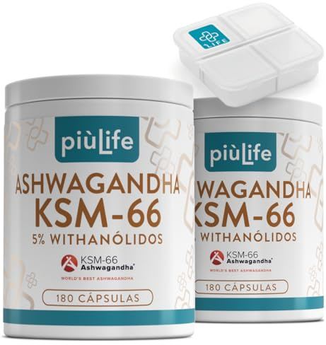Ashwagandha KSM-66 600 mg PiùLife, 360 Cápsulas, 2 al Día | Con Pimienta Negra, Extracto de Raíz Withania Somnifera 5% Withanólidos, Estrés y Bienestar Mental, 6 Meses de Suministro