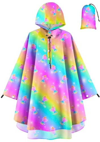 OlyPegic Kinder-Regenponcho mit Kapuze, wiederverwendbar, wasserdicht, leicht, Ponchos für Kinder, Jungen, Mädchen, Regenmantel, Outwear, Regenbogen-Meerjungfrau, 6-10 Jahre
