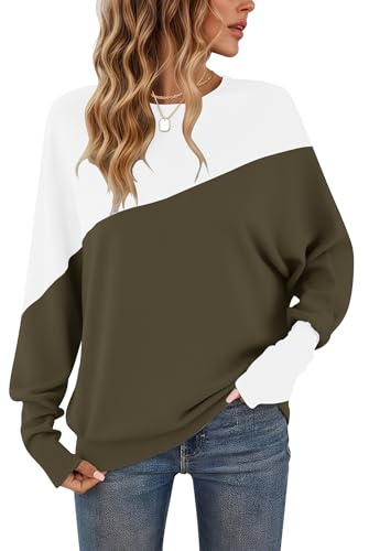 WNEEDU T-Shirt à Manches Longues pour Femme col Rond Patchwork de Couleurs Pull à Poignets serrés Café Blanc cassé M