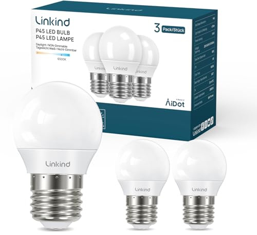 Linkind E27 P45/G45 LED Birne 3,4W klasse D Energiesparlampe 6500K kaltweißes LED Lampe, ersetzt 40W Glühbirnen, 470 Lumen Licht 240° Abstrahlwinkel, nicht dimmbar, 3 Stück