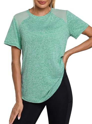 Terecey Maglietta Sportiva Donna Traspirante con Protezione UV Maglia Palestra Indietro in Rete Magliette Palestra Girocollo Maglia Trekking Asciugatura Rapida per Jogging Running Yoga Corsa Verde M