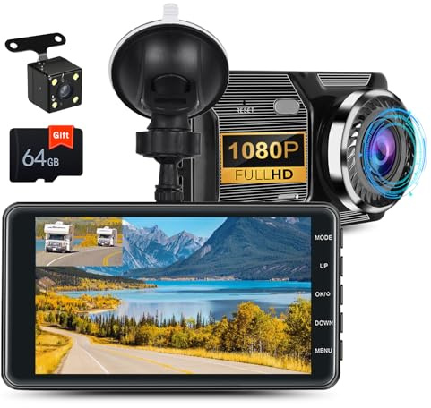 OiLiehu Dash Cam Front and Rear, 1080P HD In-Car Camera, 4 inch LCD Screen, Dual Cameras Dashcam for Cars with Night Vision, 150° Wide Angle, Loop Recording, Include 64GB TF-Card