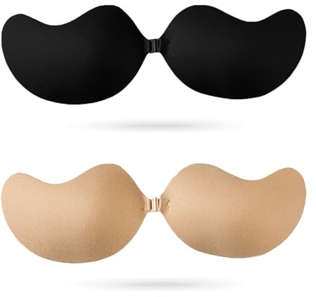 2 PCS Sticky Bra,Strapless Push Up Invisible Adhesive Bra for Low Cut Dress,Invisible Adhesive Bra Push up Reusable Backless Strapless Bras for Women Wedding Party Dress (Beige + Black, Cup A)