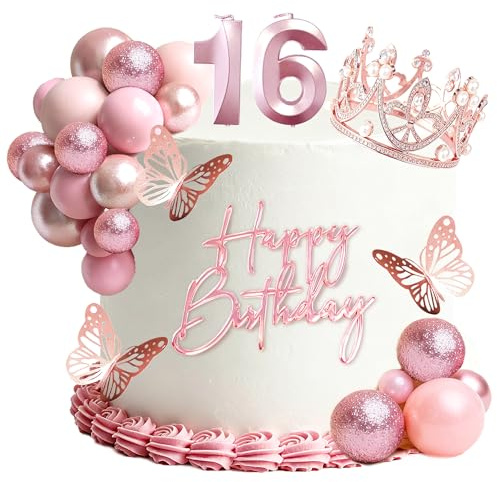 16th Birthday Cake Topper Set, Rose Gold Balls Cake Toppers with Happy Birthday Crown Tiara, Numeral 16 Candle and Birthday Candles for Sweet 16 Birthday Party Decorations (16th)