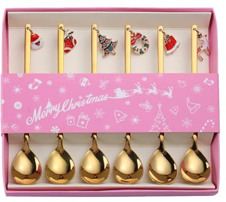 Juego de cucharas navideñas de acero inoxidable, juego de cucharas navideñas - Cucharillas para mezclar pequeñas cucharillas de café de té 6 piezas,Cucharas para cubiertos navideños, juego de cucharas