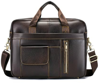 FANDARE Retro portfölj herr datorväska 14 tum present dokumenthållare multifunktionellt läder handväska arbetsväska axelväska för bärbar dator messenger företag, Brun, L