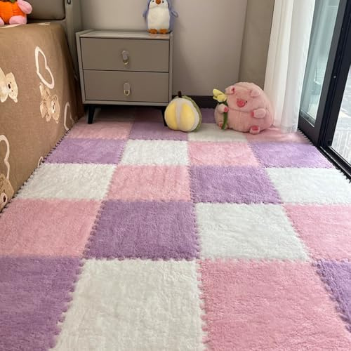 Hiseng 12 Stück Ineinandergreifende Teppichfliesen, Teppichfliesen Selbstliegend Puzzle Plüisch Bodenfliesen Ohne Kleben Puzzlematten für Schlafzimmer (Weiß/Rosa/Lila,30x30cm)