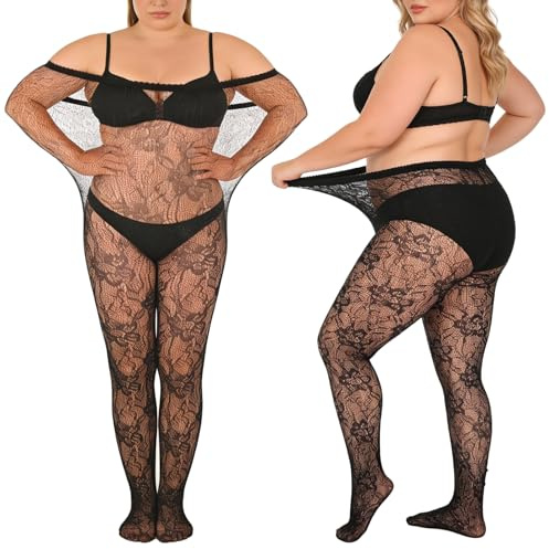Lusofie 2 st plusstorlek spetstights blommönster – hög midja svarta plus size strumpor för kvinnor – bekvämt upp till 104 kg elasticitet sammet fisknät strumpbyxor