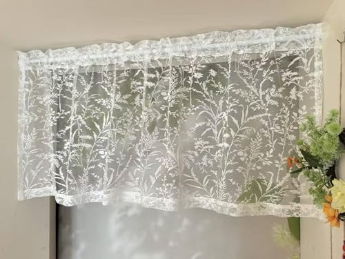 Vordesack Jacquard Scheibengardine mit elegantem Pflanzenmuster Sichtschutz für Fenster, Küche & Wohnbereich Kaffeegardine Kurzstore transparent 1 Stück Weiß HxB 40x90cm