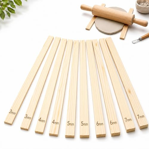 maykawe 10-Piece Pottery Rolling Guide Sticks, 34 cm Wooden Clay Rolling Pin Thickness Guides, 5 Sizes 3/4 / 5/6 / 7 mm Pine Wood Pottery Rolling Pin Guides for Ceramics and Polymer Clay