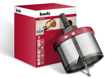 kwb Mehrkranzlochsäge aus Wolframstahl Ø 68, 83 und 100 mm mit guter Schnittleistung, langer Lebensdauer, hoher Präzision, 40 mm Schnitttiefe und Zentrierbohrer