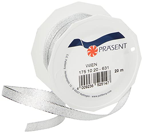 PRÄSENT C.E. Pattberg Wien Geschenkband Silber, 20 m Geschenkband zum Einpacken, 10 mm Breite, Zubehör zum Dekorieren & Basteln, Dekoband für Geschenke