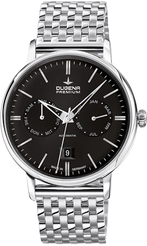 Dugena Herren-Armbanduhr Festa Kalender, Automatik, Vollkalender, Edelstahlgehäuse, Saphirglas, Edelstahlarmband, Doppelfaltdrückerschließe, 5 bar