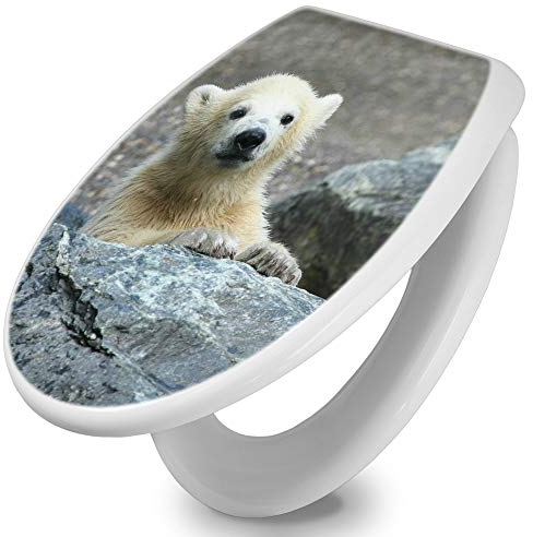 banjado Toilettendeckel mit Absenkautomatik 44,5x37cm / WC Brille Soft Close/hygienischer Toilettendeckel/Klodeckel Duroplast Edelstahl Scharniere einfache Montage/Motiv Eisbär Baby