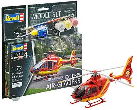 Revell Model Set 64986 EC135 AIR-Glaciers 1:72 Scale Unbuilt/Unpainted Plastic Model Kit with Contacta Professional Glue, Paintbrush & Selected Aqua Color Paints