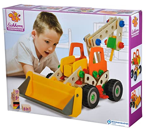Eichhorn - Constructor Radlader – vielseitiges Holzspielzeug, 140 Bauteile, 6 Verschiedene Konstruktionen, für Kinder ab 6 Jahren, 100% FSC Holz