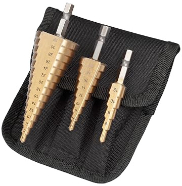 UK Drills HSS Step Drill Bits Set Titanium Coated 3pc 4-32mm for Drilling on Hard Metal, Stainless Steel, Cast Iron
