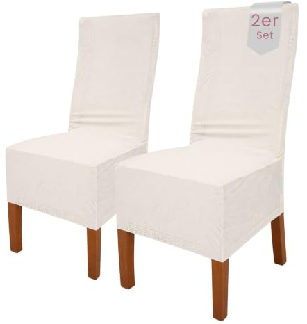 Scheffler Home Stuhlhussen Puma Velano Weiß-Ecru 2er Set – Elastische waschbare Stuhlbezüge aus Samt für Esszimmerstühle und Polsterstühle – Edler Chenille Stuhlüberzug