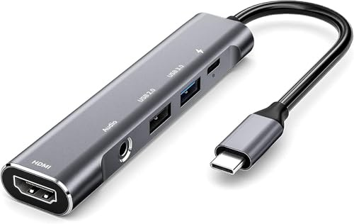 GKEAPZA USB C auf HDMI Adapter 5IN1 Typ C Hub mit 3.5mm Jack, 4K HDMI, PD 60W, USB 3.0, für Type C Laptop, Tablet, Smartphone（5IN1 Typ C Hub ）