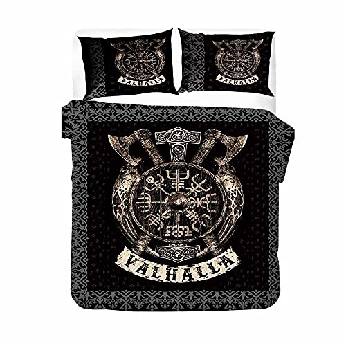 Bettwäsche 180 × 200 Cm Schwarzer Klassischer Wikinger Mythos Bettbezug Set, Super Weicher Bettbezug Mit Reißverschluss Für Erwachsene Und Kinder, Mikrofaser Bettbezug Mit 2 Kissenbezügen 80 × 80 Cm