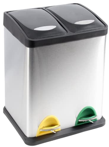 EVRE Stainless Steel Multi Compartment Recycling Bin with Removable Inner Buckets, Odour Seal, Non Slip Base Dustbin for Rubbish Trash Waste Indoor Kitchen Office Home (16L, 8L+8L Compartments)