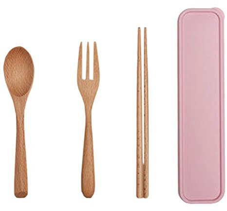 Travel Utensils Set Wooden Cutlery Set with Storage Case Portable Flatware Including Fork Spoon Chopsticks Peach Pink Adult