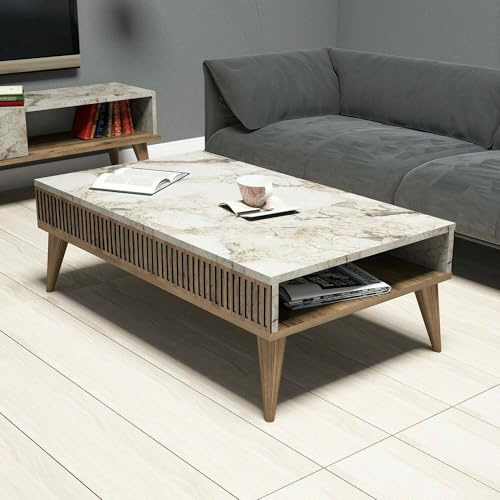 Dmora - Table Basse Capricorn, Table Basse, Porte-revues pour canapé, Etagère de Salon, 105x60h35 cm, Noyer et Blanc